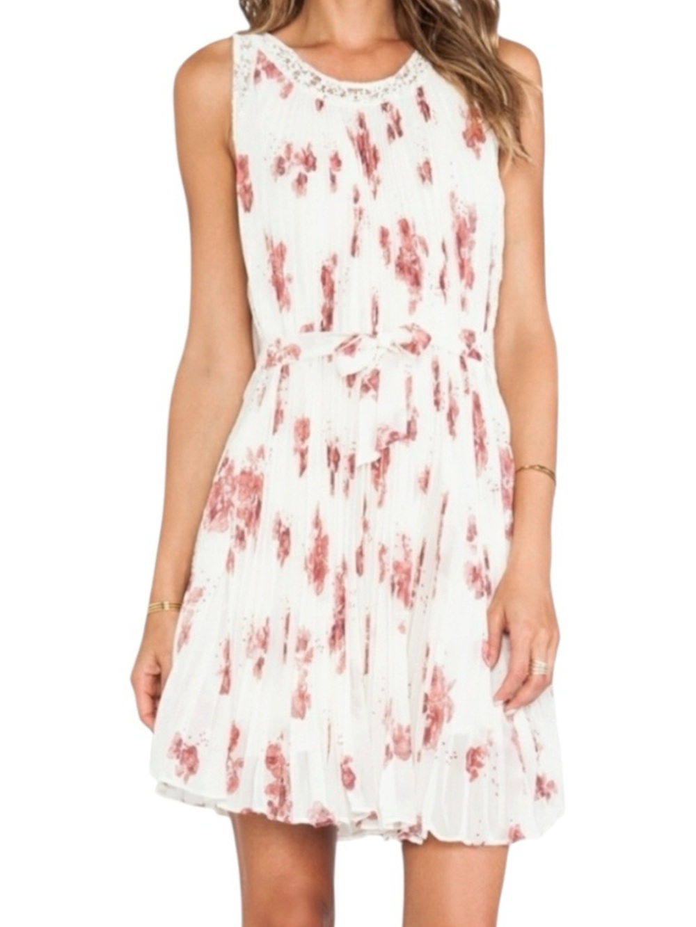Free People Lace Chiffon Pleated Swing Sleeveless Waist Tie Dress